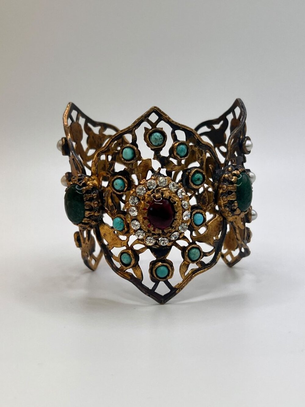 Unworn Vintage Multicolor Cabochon Filigree Cuff Bracelet